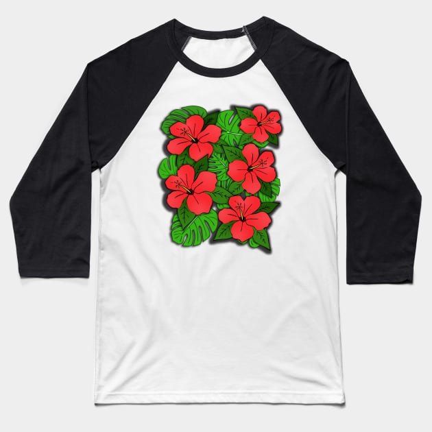 Red Hibiscus Flowers & Monstera Leaves Baseball T-Shirt by RockettGraph1cs